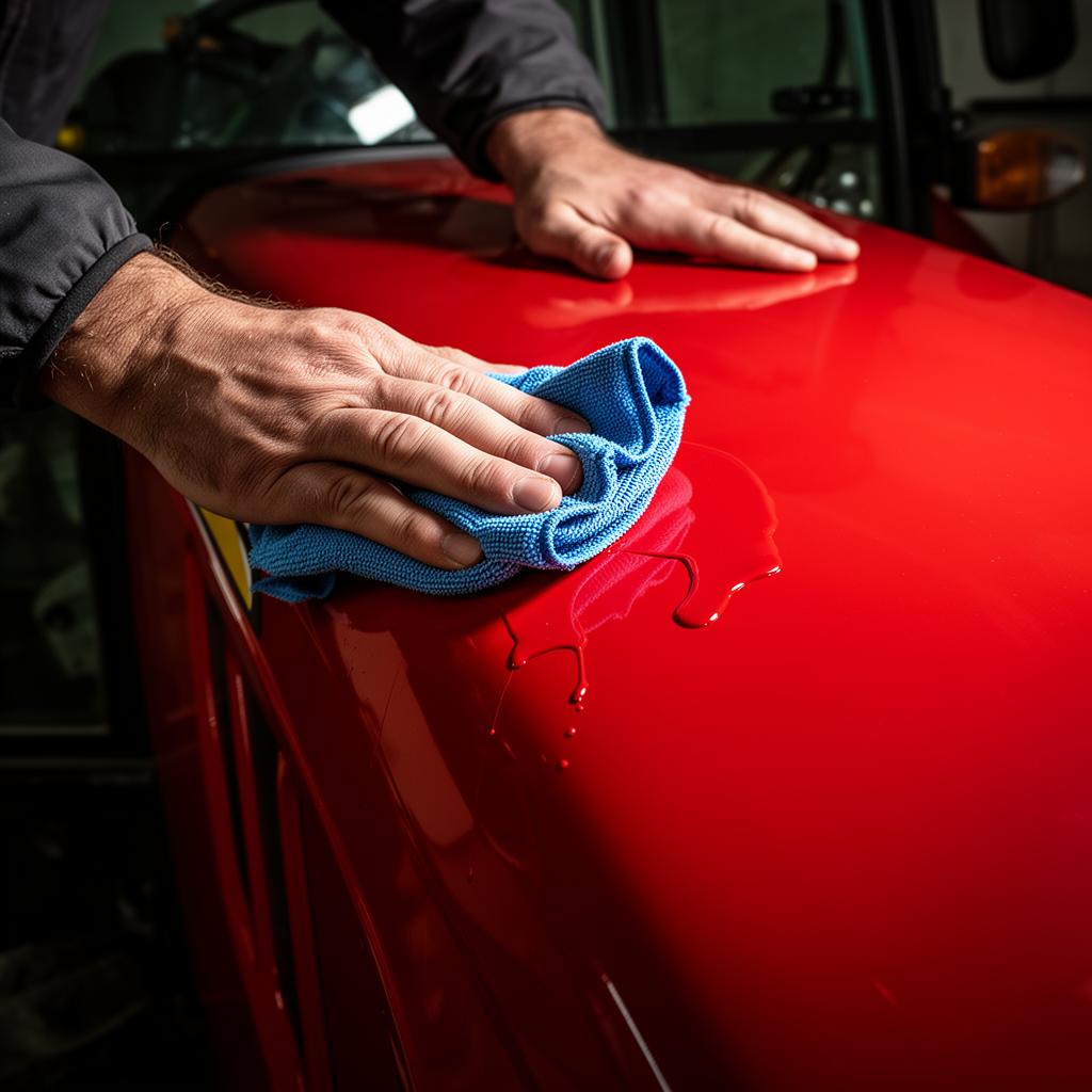 Ceramic coating being applied to tractor paint